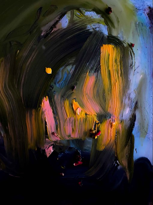 An abstract painting with thick, expressive brushstrokes in dark greens, yellows, pinks, and blues creating a swirling, textured composition.