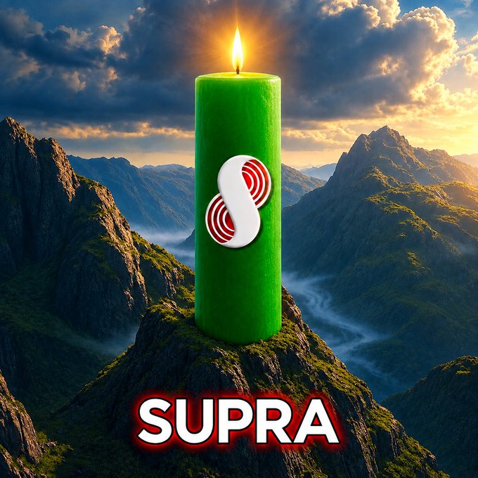 A 3D digital render of a lit green candle displaying a red and white logo, sitting on a rocky mountain peak with the text 'SUPRA' in bold red letters below.