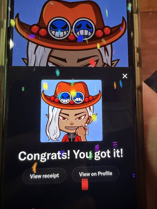 A smartphone screen displaying a 'Congrats! You got it!' message for a newly acquired Bored Ape Club NFT character with a brown cowboy hat and red eyes.
