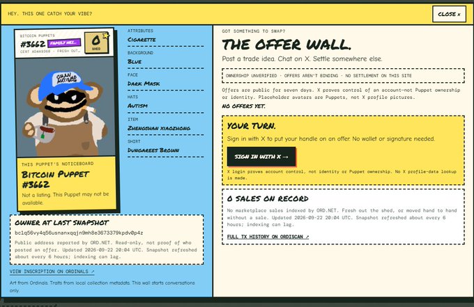 A screenshot of the Ordinals 'The Offer Wall' website displaying a Bitcoin Puppet NFT (#3662) with attributes like 'Cigarette' and 'Dark Mask', showing a 'Sign in with X' button and a '0 Sales on Record' notice.