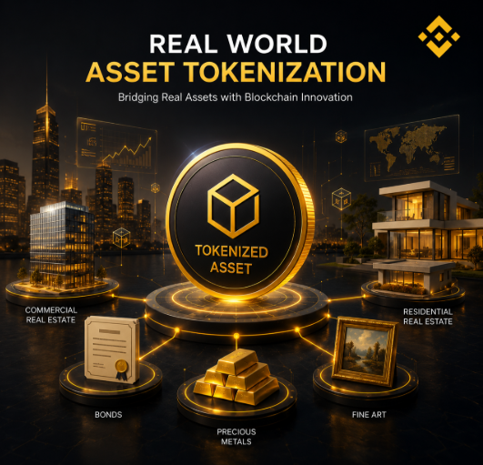 A promotional graphic titled 'REAL WORLD ASSET TOKENIZATION' shows a central tokenized asset coin connected to real estate, bonds, precious metals, and fine art.
