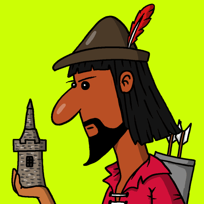 A cartoon illustration of a long-nosed man with long black hair, a beard, and a brown hat with a red feather, holding a small stone tower and carrying a quiver of arrows.