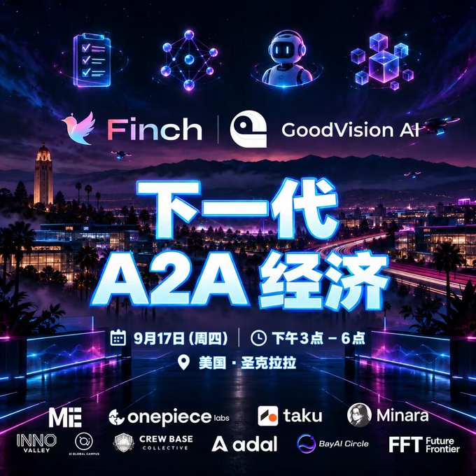 A promotional poster for 'Finch x GoodVision AI' advertising a '下一代 A2A 经济' (Next Generation A2A Economy) event on September 17th in Santa Clara, featuring sponsor logos like taku and Minara.