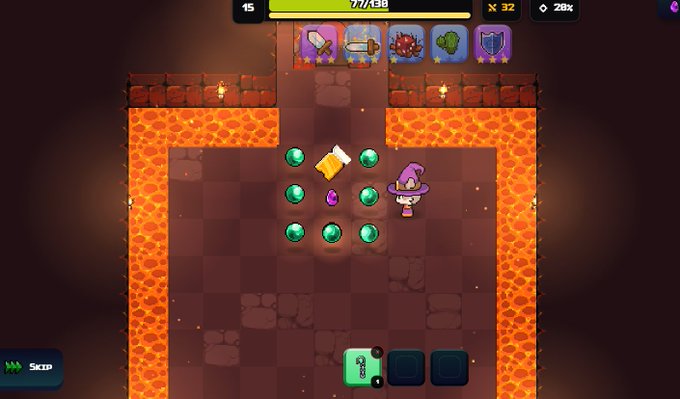 A screenshot of a video game featuring a top-down view of a wizard character surrounded by green gems on a grid platform bordered by lava, with a health bar of '77/130' and inventory icons including swords and a shield at the top.