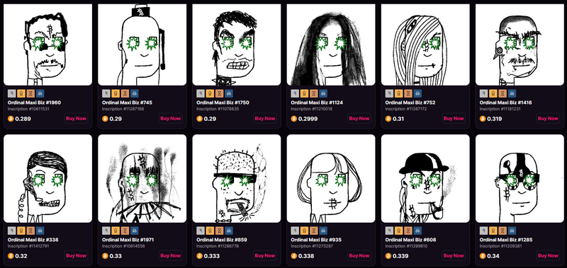 A gallery interface shows crudely drawn digital portraits labeled as 'Ordinal Maxi Biz' with inscription numbers like #1060 and #745, prices around 0.29, and 'Buy Now' buttons.
