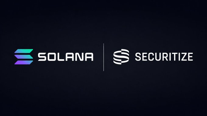 The image displays the logos of "Solana" and "Securitize" side by side on a dark background, visually representing their partnership. This aligns with the announcement that Securitize's $SECZ stock is being brought onchain via the Solana blockchain, with both company brands highlighted to emphasize the collaboration.