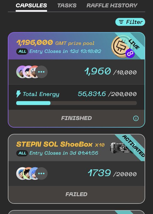 A STEPN app screenshot showing the Capsules tab with a GMT prize pool raffle of 1,196,000 (finished, 1,960/10,000 entries) and a STEPN SOL ShoeBox x10 raffle marked failed with 1,739/20,000 entries.