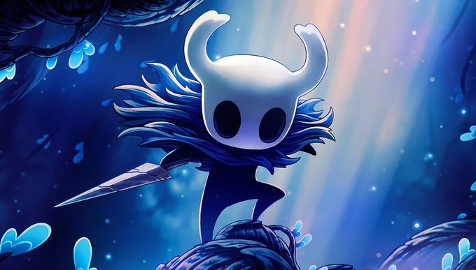 Digital artwork of the character Hollow Knight with its white horned mask, blue cloak, and needle weapon in a blue cavernous setting.