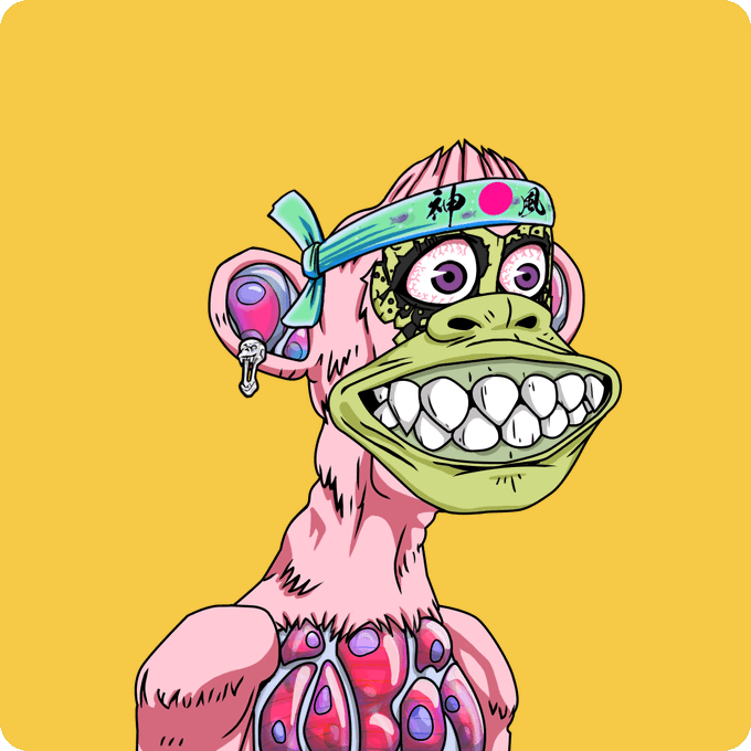 A cartoonish pink mutant monkey with bloodshot purple eyes and a large toothy grin wears a Japanese headband featuring the characters 神風 (Kamikaze) and a red sun emblem, matching the "Mutant #689" NFT from the Mutant Ape Yacht Club collection sold for 1.45 ETH.