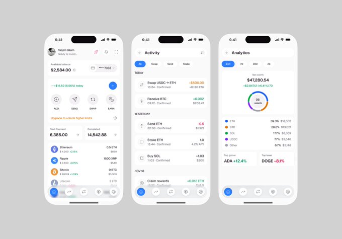 Three iPhone mockups display a crypto portfolio app interface including account balance, activity, and analytics screens.