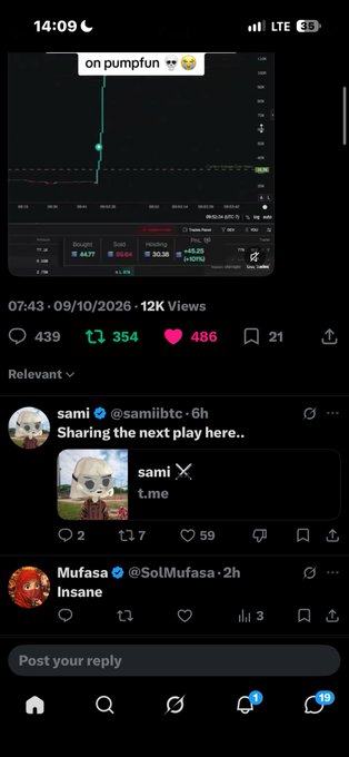 A mobile phone screenshot shows a social media post about a stock ticker '$PUMPFUN' with the caption 'on pumpfun', timestamped 14:09 on 09/10/2026.