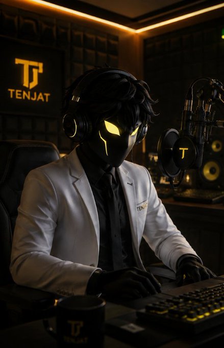 A stylized 3D rendering of a masked, glowing-eyed character wearing headphones and a white blazer branded 'TENJAT' sits in a dark studio with a microphone.