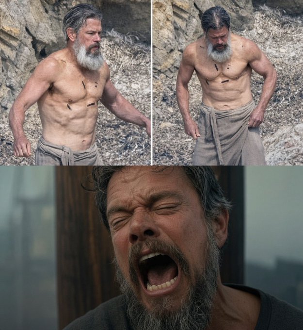 A collage shows actor Josh Brolin in a rugged, emaciated state with a gray beard in a rocky wilderness in the top images, and a close-up of him screaming with his eyes closed in the bottom image.