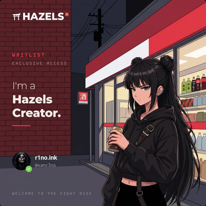 An anime-style illustration features a black-haired girl in a black hoodie holding a coffee cup outside a store, with promotional graphics reading 'HAZELS,' 'WAITLIST EXCLUSIVE ACCESS,' 'I'm a Hazels Creator,' and 'WELCOME TO THE EIGHT RISE.'