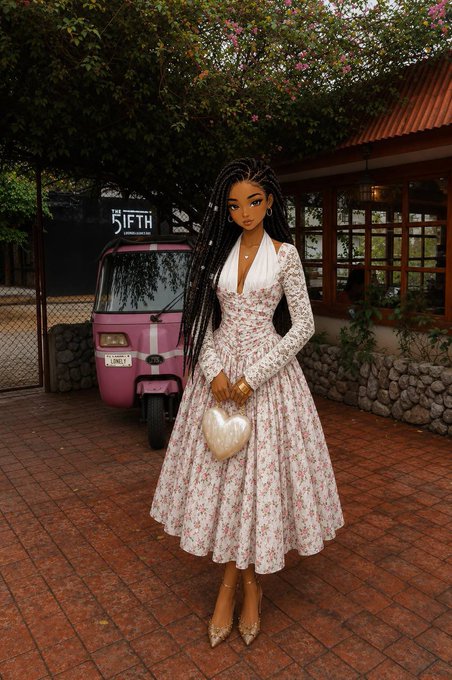 A fashion photo of a woman with long braided hair wearing a pink and white floral midi dress and holding a heart-shaped handbag, standing in front of a pink tuk-tuk labeled 'THE 5TH COLLECTIVE'.