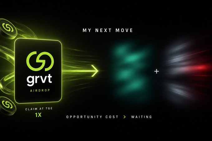 A promotional graphic for a 'grvt AIRDROP' with a green 'CLAIM AT TGE 1X' badge, showing the text 'MY NEXT MOVE' and 'OPPORTUNITY COST > WAITING' alongside blurred graphics and a red light beam.