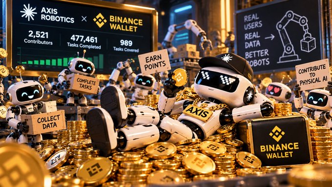 A promotional image for AXIS ROBOTICS x BINANCE WALLET showing 2,521 Contributors, 477,461 Tasks Completed, and 989 Tasks Covered, with cartoon robots holding signs like 'EARN POINTS' and 'COLLECT DATA' amid piles of gold coins.