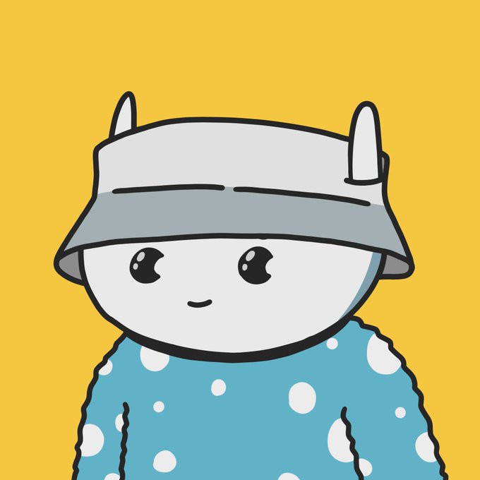 A cartoon illustration of a cute white creature with small ears wearing a clear plastic container on its head like a helmet, dressed in a teal polka-dot shirt.