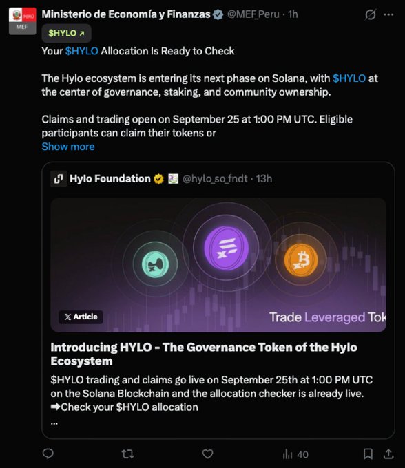A Twitter/X post purporting to be from "Ministerio de Economía y Finanzas @MEFPeru" (Peru's official Ministry of Economy and Finance) promotes a $HYLO token airdrop from the "Hylo Foundation @hylo_so_fndt" on Solana, with claims opening September 25 at 1:00 PM UTC. This illustrates the scam warning described—impersonators are hijacking verified-looking government accounts to promote crypto schemes and phishing links.