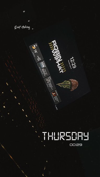 A dark graphic design featuring the text 'Quiet Asking,' 'POONKHAT,' and 'THURSDAY 00:29,' along with what appears to be a business card mockup.