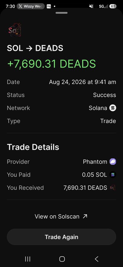 A screenshot of a Phantom wallet transaction confirming a successful trade on the Solana network, showing 0.05 SOL exchanged for +7,690.31 DEADS tokens on August 24, 2026.