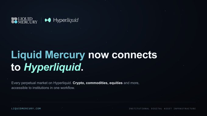 The image features a black background with white text that reads "Liquid Mercury now connects to Hyperliquid". This suggests that there is an integration between these two entities, possibly for trading or other purposes related to cryptocurrency. The image also includes a logo of a blue circle and a green triangle, which are part of the Hyperliquid branding.