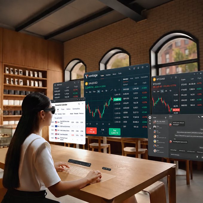 A woman sits at a wooden desk in a cafe, typing on a holographic keyboard while viewing floating digital screens displaying cryptocurrency charts and trading interfaces including 'XAU/USD' and 'BTCUSD'.