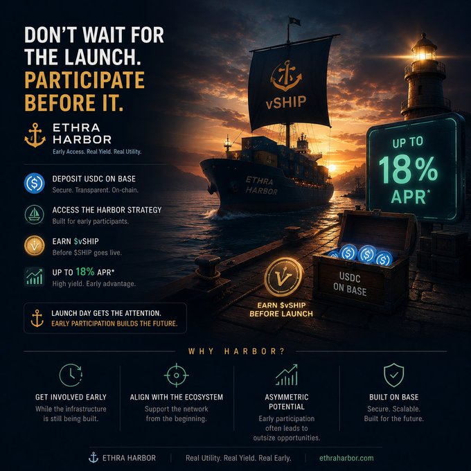 A promotional advertisement for 'ETHRA HARBOR' featuring a pirate ship with a 'vSHIP' sail, advertising up to 18% APR, deposits of USDC on Base, and early participation benefits before launch.
