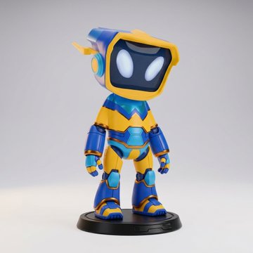 A small 3D figurine of a robot character in a yellow and blue armored suit with glowing white eyes, displayed on a black base.