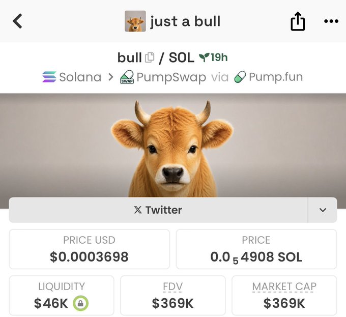 A DexScreener page shows the Solana-based meme coin "bull" (BULL/SOL) with a price of $0.00003698, a market cap and FDV of $369K, and $46K in liquidity, supporting the post's observation of growing attention and potential momentum.