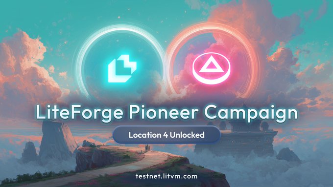 Promotional banner for the 'LiteForge Pioneer Campaign' showing Location 4 Unlocked with teal and pink portal rings against a fantasy sky and cliff landscape, directing to testnet.litvm.com.