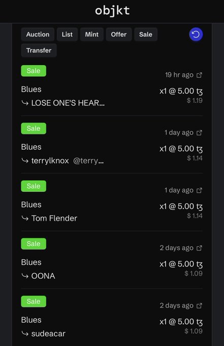 A screenshot of the 'objkt' marketplace interface showing various 'Blues' NFT listings by different creators for sale at 5.00 tz.