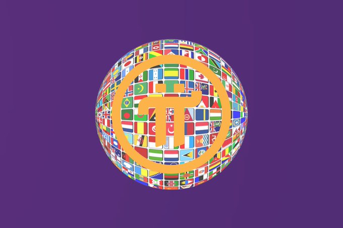 A spherical globe covered with various national flags features an orange Pi (π) cryptocurrency symbol in the center, set against a purple background. The image relates to the post by symbolizing Pi Network's global reach and upcoming mainnet launch, reassuring pioneers that patience will pay off as full dApp functionality is still pending.