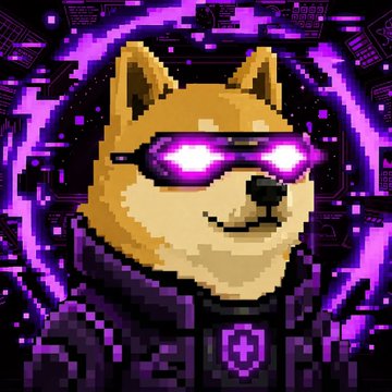 Pixel art illustration of a Shiba Inu dog wearing glowing purple sunglasses and a dark hoodie, set against a vibrant purple background with a digital/cyber aesthetic.