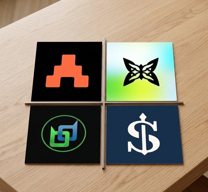 Four square tiles or coasters arranged on a wooden surface, displaying logos: a red "A" logo (top-left), a butterfly logo with green/blue gradient (top-right), a green and blue chain-link circle logo (bottom-left), and a white stylized "$S" or anchor-like symbol on a navy background (bottom-right).