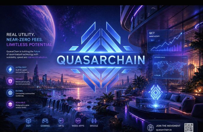 A futuristic promotional graphic for 'QuasarChain' featuring 'REAL UTILITY. NEAR-ZERO FEES. LIMITLESS POTENTIAL' with categories including DeFi, Gaming, NFTs, Web3 Apps, and Bridge.