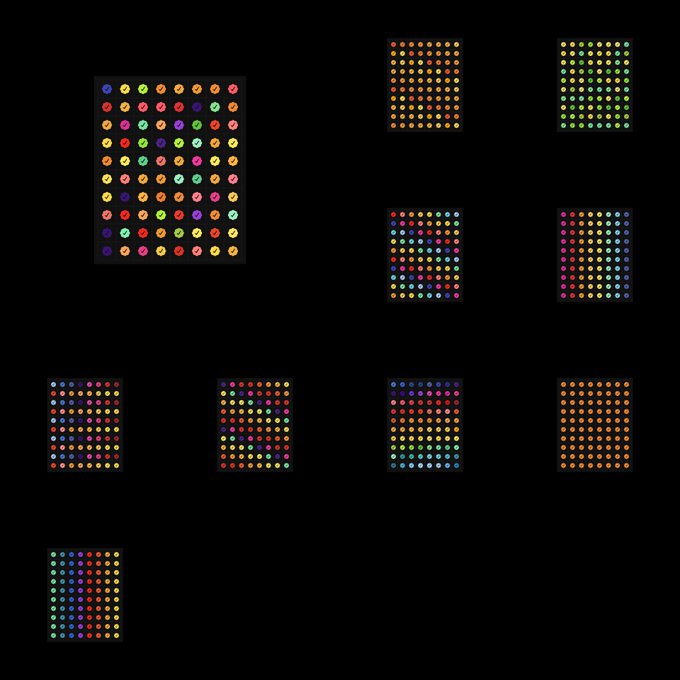 A digital illustration on a black background featuring multiple grids of multicolored glowing dots arranged in rectangular patterns.