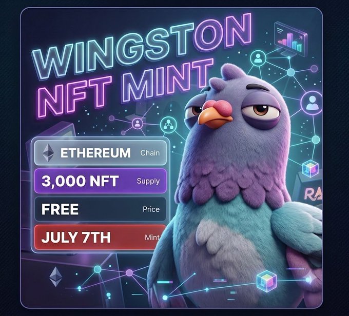 A promotional graphic for the "Wingston NFT Mint" featuring a 3D-rendered purple and teal pigeon character against a neon-lit blockchain network background. The image highlights key launch details in colored panels: **Ethereum** chain, **3,000 NFT** supply, **FREE** price, and a **July 7th** mint date, directly mirroring the post's announcement of a free, 3,000-piece collection launching on the Ethereum blockchain where whitelist spots are earned through participation in Rally activities.