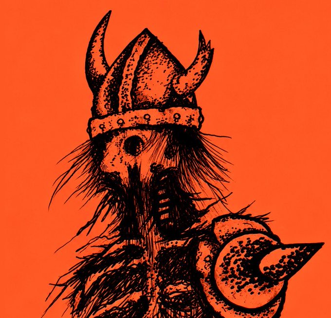 A black and orange illustration depicts a menacing, horned creature with a crown-like headpiece, hollow eyes, and a clawed hand holding a spiked object.