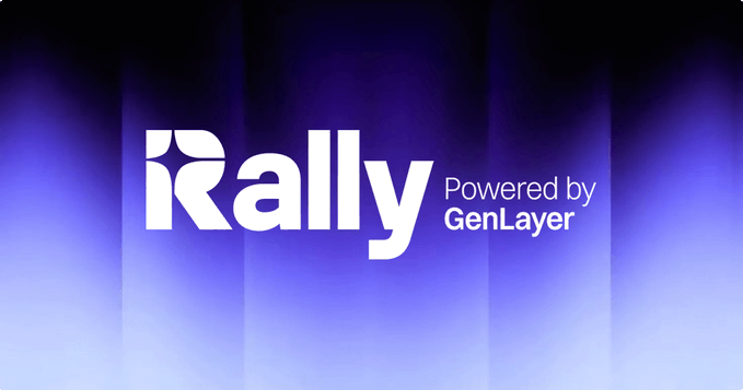 The image displays the Rally logo alongside the text "Powered by GenLayer" against a purple and blue gradient background, visually reinforcing the post's message about Rally being the first protocol built on GenLayer, which uses decentralized LLM-based adjudication for content review.