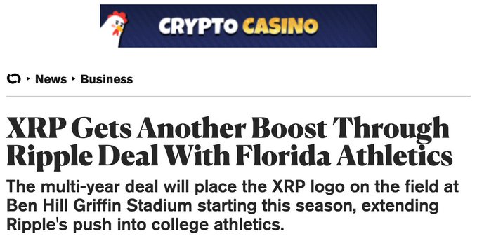 A news article screenshot with the header "CRYPTO CASINO" featuring the headline "XRP Gets Another Boost Through Ripple Deal With Florida Athletics" about a multi-year deal placing the XRP logo at Ben Hill Griffin Stadium.