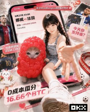 A collage promoting OKX's World Cup prediction events, featuring a phone displaying a matchup (Norway vs. France, June 27 03:00) with a 1,650,000 ZAMA prize pool, alongside a pink hedgehog plush, soccer imagery, and the "16.66 BTC 0 成本瓜分" giveaway banner, tying into the post's mention of OKX's fifth and sixth prediction pools (Norway vs. France and Uruguay vs. Spain).