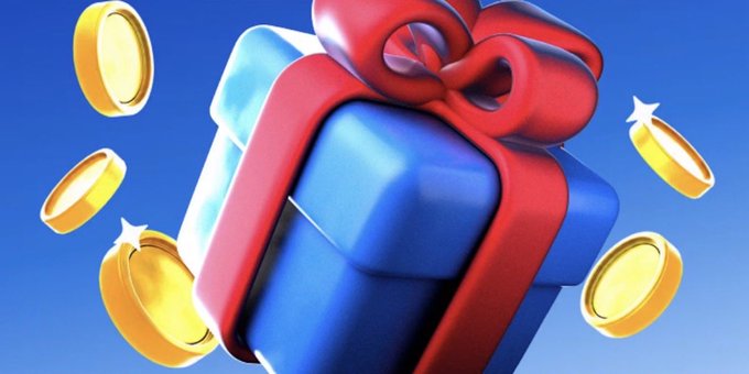 A glossy blue gift box with a large red bow sits against a blue background, surrounded by floating gold coins with star sparkles, symbolizing a rewards or payout drop—matching the post's announcement of a monthly payout on Stake for "LK7ers."