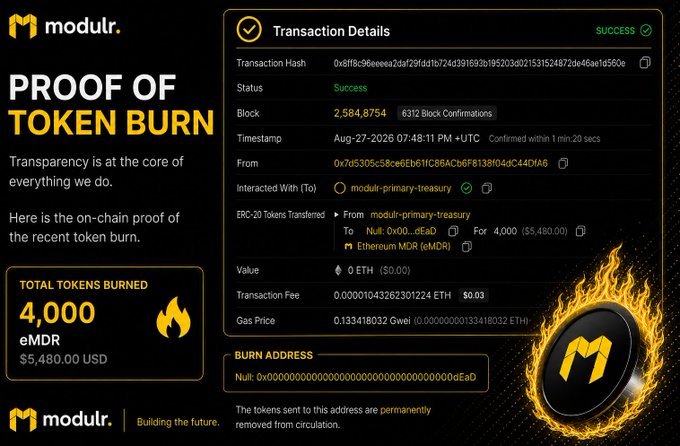 A 'Proof of Token Burn' graphic from modulr. showing on-chain transaction details of 4,000 eMDR tokens ($5,480.00 USD) burned to a null address on the Ethereum network.