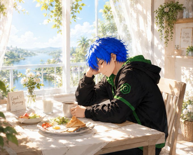 In this image, there's a man sitting at a dining table with a plate of food in front of him. The background features a beautiful view of water and trees outside the window. On the table, there are various items such as cups, vases, bowls, and books that contribute to the atmosphere of a peaceful mealtime. The image also includes some text elements related to AI, like "gQuip Fam", "@quipnetwork", "The network learns from each completed task through a Shared Memory Layer".