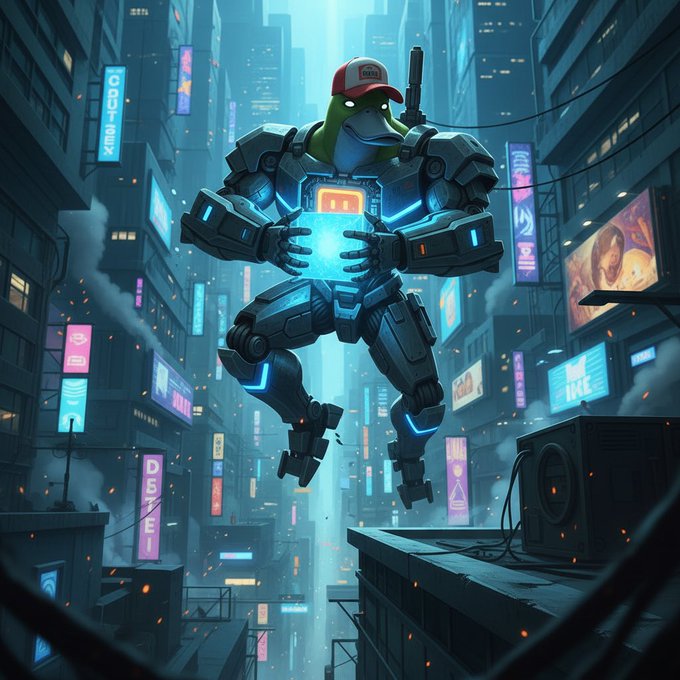 A cyberpunk-style digital artwork depicting a mech-suited duck character wearing a red cap, holding a glowing blue device in a neon-lit futuristic cityscape.