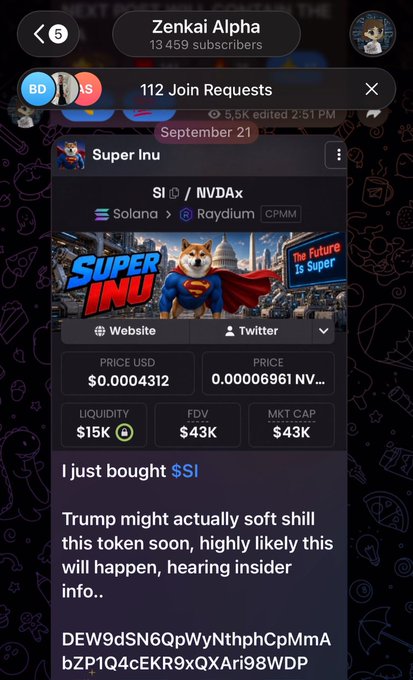 A screenshot of the X profile “Zenkai Alpha” showing a post about the meme token “Super Inu” ($SI) on Solana, with stats including a $0.0004312 price, $43K FDV and market cap, and $15K liquidity. It accompanies a giveaway post offering $20 to someone who replies with their wallet, follows @zenkaixbt, and gets the most likes on a quote tweet.