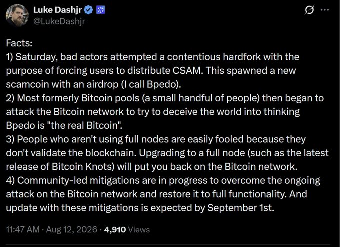 A screenshot of a tweet by Luke Dashjr (@LukeDashjr) listing four facts about a contentious Bitcoin hardfork, a scamcoin called Bpedo, and community-led mitigations expected by September 1st, posted at 11:47 AM on Aug 12, 2026.