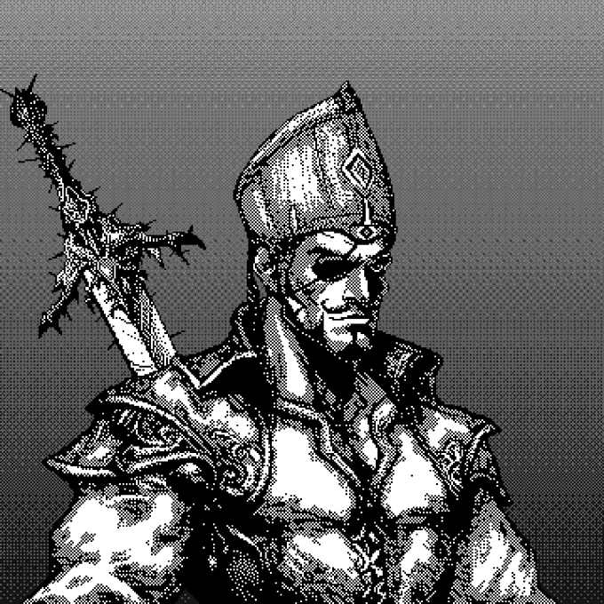 A pixelated, black-and-white illustration of a knight or warrior figure wearing an ornate helmet with a diamond emblem, holding a spiked, cross-shaped weapon over his shoulder.