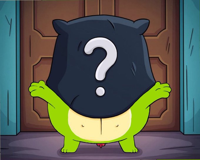An illustration of a green cartoon character with a black hood featuring a white question mark, standing in front of a wooden door.